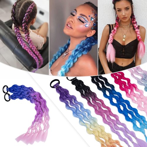 Hairro Colored Braids Hair Extensions with Rubber Bands Rainbow Braided Synthetic Hairpiece Ponytail for Women Kids Girls Halloween Christmas Rave Party Highlight 20 Inch 2pcs/Pack