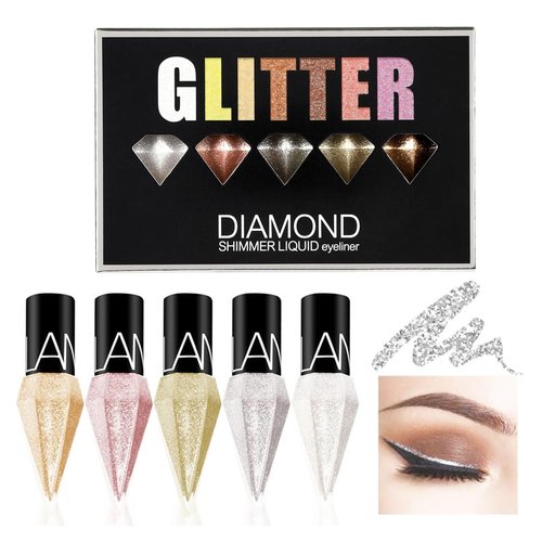 5Colors Liquid Glitter Eyeliner,Silver Gold Diamond Eye Liner Shimmer Metallic Eyeliner Eye Shadow Korean Makeup Long Lasting, Sparkling Eyeshadow Eye liner Crystals Eye Glitter Makeup