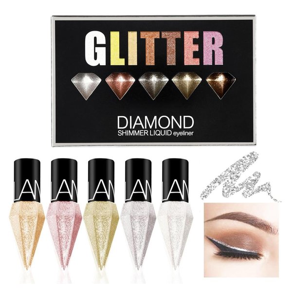 5Colors Liquid Glitter Eyeliner,Silver Gold Diamond Eye Liner Shimmer Metallic Eyeliner Eye Shadow Korean Makeup Long Lasting, Sparkling Eyeshadow Eye liner Crystals Eye Glitter Makeup