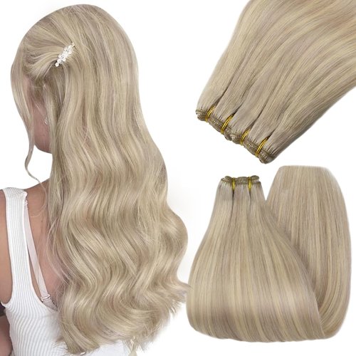 YoungSee Sew in Real Hair Extensions, Highlight Weft Extensions Real Human Hair Warm Ash Blonde Highlights Bleach Blonde Weft Hair Extensions Human Hair Sew in Human Hair Extensions 18Inch 100G