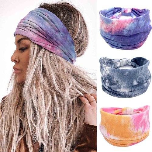 Olbye Wide Headbands 3Pcs, Tie Dye Elastic Head Bands, Turban Headwraps, Nonslip Workout Hair Bands, Boho Hair Accessories for Women