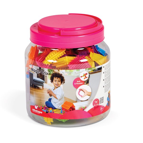 Edushape Magic Brix Interlocking Baby Building Blocks - 72 Pcs Toddler Blocks Interlocking Bricks in Reusable Storage - Stacking Blocks for Toddlers 3-5 with Travel Platform Fit for Play On The Go