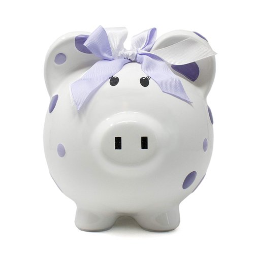 Child to Cherish Ceramic Polka Dot Piggy Bank for Girls, Purple