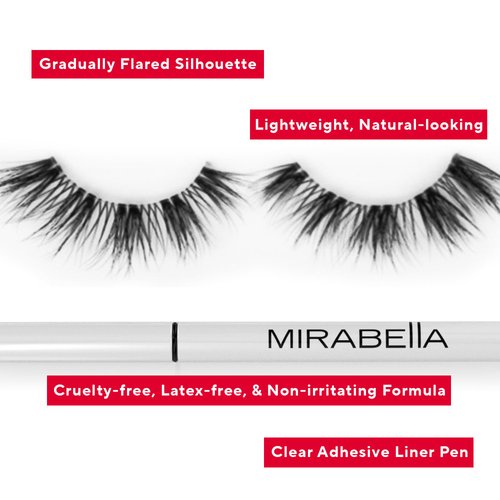 Mirabella Mink Effect Faux Lashes & Self-Adhesive Liner Set, Lightweight Natural-Looking False Eyelashes with Clear Glue Eyelash Pen, Cruelty-Free & Non-Irritating Synthetic Reusable Eyelashes