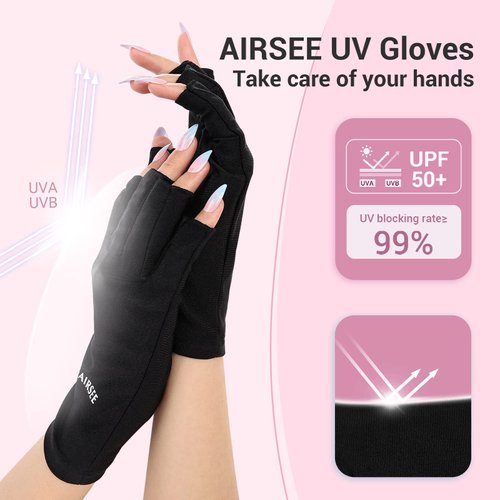 AIRSEE UV Gloves for Nail Lamp,Professional UPF50+ UV Protection Gloves for Manicures Nail Art,Fingerless Gloves That Shield Skin from The Sun and Nail Lamp (Black)