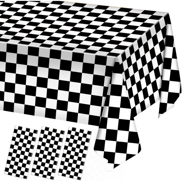 Oigco 3 Pack Black and White Checkered Tablecloths Race Car Theme Party Tablecloths for Motor Racing Birthday Party Decorations Racing Party Favours Supplies, 54" x 108"
