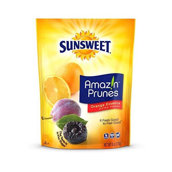 Sunsweet Amazin' Prunes Orange Essence - Prunes Pitted Unsweetened & Dried - Gluten Free, Vegan, Low Fat - Dietary Fiber & Natural Minerals - Dried Fruit - 6 oz pouch - 3 Pack