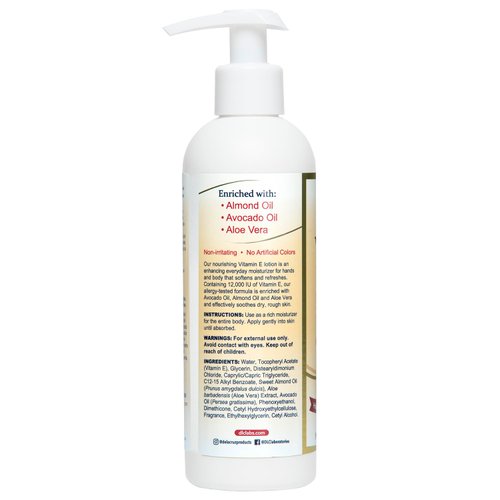 De La Cruz Vitamin E Lotion for Dry Skin with 12,000 IU - Moisturizing Body Lotion for All Skin Types - Made in USA, 8 FL OZ.