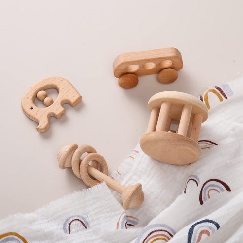 Organic Wooden Baby Rattle Toy Montessori Rattle Roller Waldorf Inspired Grasping Toddler Toys