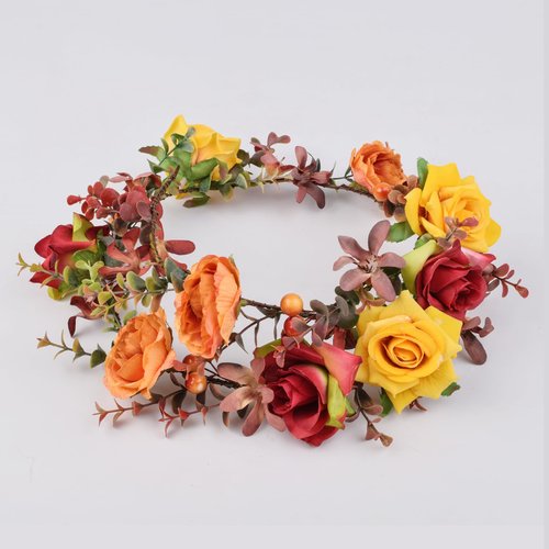 DreamLily Boho Wedding Floral Crown Woodland Fairy Crown Flower Girl rose Crown Hair Wreath with Tail DFS28 (orange)