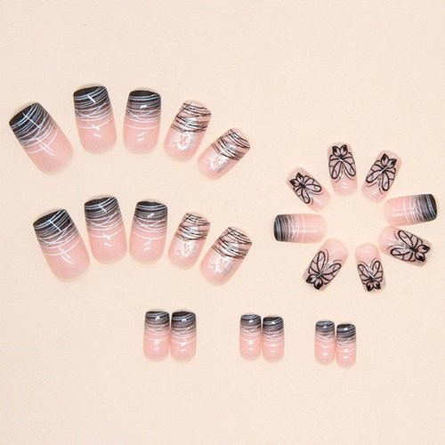 DANMANR Press on Medium Nails Line False Nails Full Cover Acrylic Butterfly Fake Gradient Square Nails for Women and Girls 24PCS