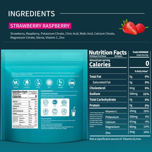 OZENKE Electrolytes Powder Packets, 30 Sticks Hydration Packets Sugar Free, Electrolyte Drink Mix Portable Electrolyte Packets for Rapid Hydration, 0 Sugar & 0 Calorie, Strawberry & Raspberry Flavor