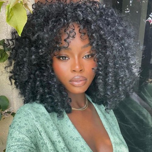 Hanne Fashion Curly Afro Wig with Bangs Short Kinky Curly Wig for Women Synthetic Black Curly Wigs Shoulder Length Glueless Afro Wig (Black)