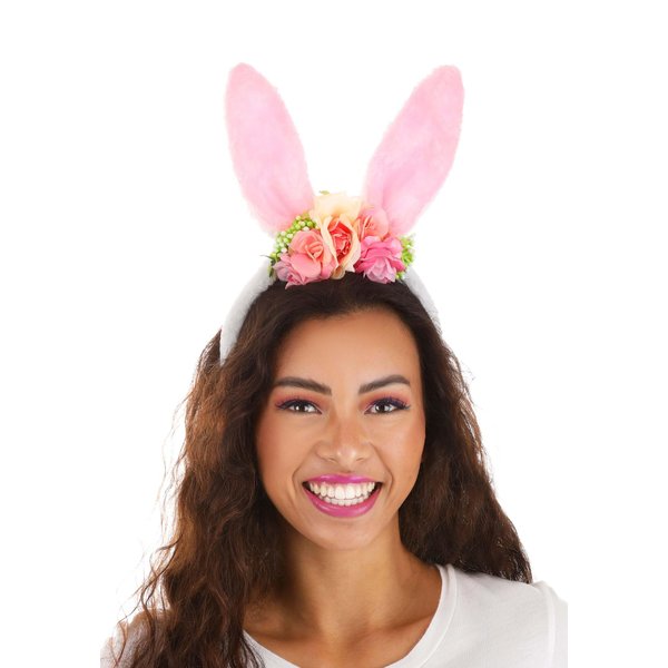 Floral Easter Bunny Ears Plush Headband Costume Accessory | Party Supplies for Easter | Rabbit Ear Headband Pink