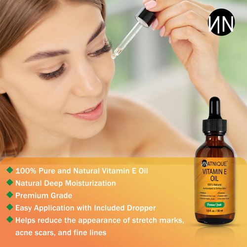 Vitamin E Oil 1oz 100% Natural Oil for Nails, Hair, Face, Eyebrows, Eyelashes, Hair & Body Oil. Non-GMO, Natural D-Alpha Tocopherol Face Oil, Nail Growth Oil, Vitamin E Oil for Skin