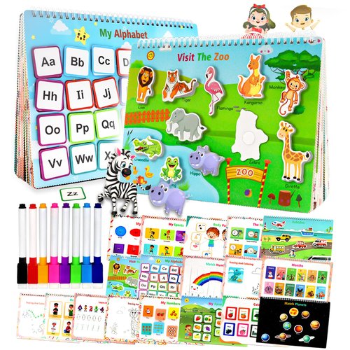 LiGewan Busy Book for Toddlers, Preschool Learning Activities Book with 8 Dry Erase Markers 32 Pages Montessori Autism Sensory Educational Learning Toys and Tracing Coloring Book for Ages 3 and Up