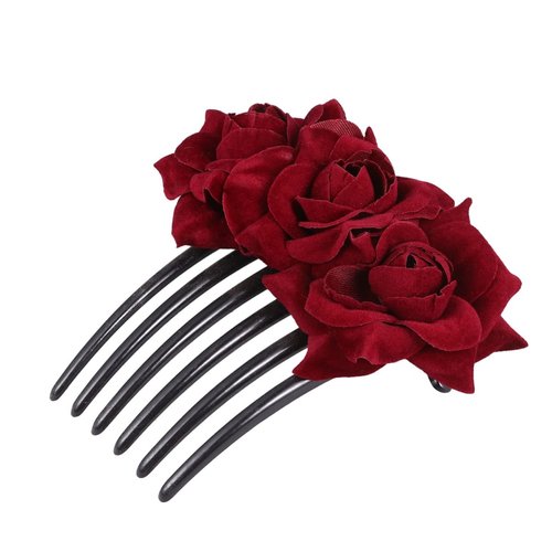 Uonlytech Black Hair Clips Bride Wedding Hair Comb, Rose Flower Hair Comb Floral Hair Clip Bridal Headpiece Floral Hair Accessories for Women Girls Bride, Wine Red Womens Hair Clips