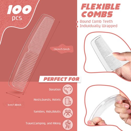 Lallisa 100 Pcs Individually Wrapped Combs Disposable Comb Bulk Combs Hair Cutting Combs Fine Tooth Comb Pocket Barber Combs for Women Men Family Hotel Travel Homeless(Transparent)