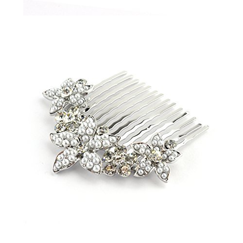 NYFASHION101 Women's Elegant Bridal Rhinestone Flower Pattern Hair Comb HC4260, Simulated Pearl, Silver-Tone