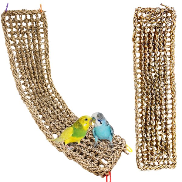 2Pcs Bird Seagrass Mat 29.5×7" Natural Grass Woven Net Hammock with Hooks Climbing Rope Ladder Chew Toys Hanging on Parrot Cage for Lovebird Pigeon Cockatiel Conure Budgie Cockatoo
