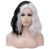 PATTNIUM Black White Wig Short Wavy Wig Black and White Wig Women Girls Two Color Wig Shoulder Length Rose Net Curly Two Tone Wig Heat Resistant Synthetic Cosplay Party Costume Wig (Black and White)