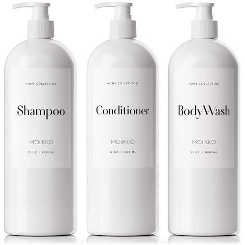 MOIIKKO 32oz Refillable Shampoo and Conditioner Dispenser Bottles - Set of 3 Empty Shampoo Conditioner Body Wash Dispenser with 8 Waterproof Labels