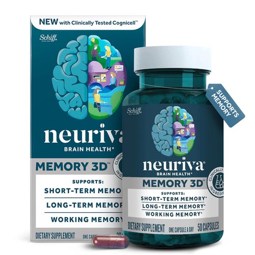 NEURIVA Memory 3D Brain Supplement - Decaffeinated Nootropic Capsules for Memory, Focus, & Cognitive Function - Short Term, Long Term, & Working Memory Support - 50ct