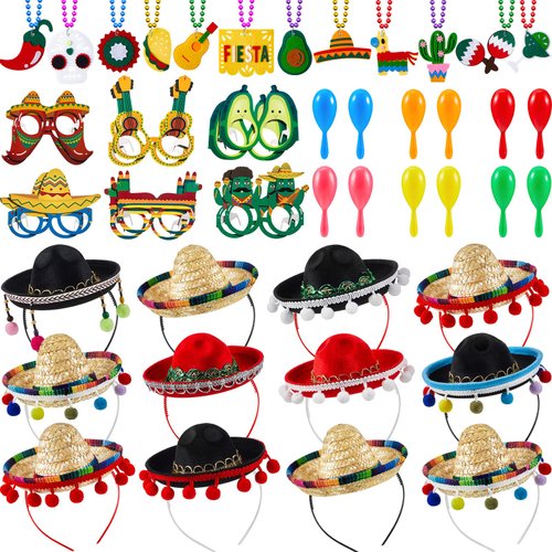 Jexine 48 Pcs Fiesta Party Favors Including 12 Mexican Sombrero Hats with Headband 12 Cinco De Ma...