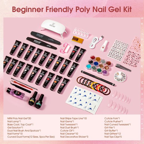 ROSALIND Poly Nail Gel Kit -20 Colors + 76 Nail Art Accessories kit Clear Nude Poly Nails Gel Kit Starter Kit With Slip Solution Pro Nude Pink Nail Extensions Gel Set with Mini UV Lamp