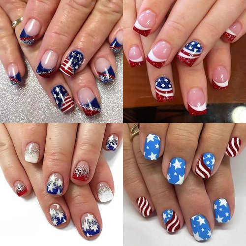 Independence Day Press on Nails, 4th of July Press on Nails, 96Pcs 4th of July Nails, Patriotic False Nails with Flag Star Design Glossy Independence Day Full Cover Stick on Nails for Women