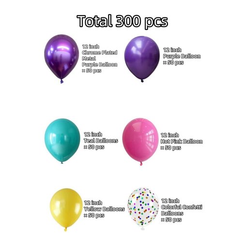 300 Pcs Mermaid Balloons Set, 12 Inches Purple Metallic Purple Teal Hot Pink Yellow Latex Balloons and Confetti Balloons for Birthday Mermaid thematic Party Decoration