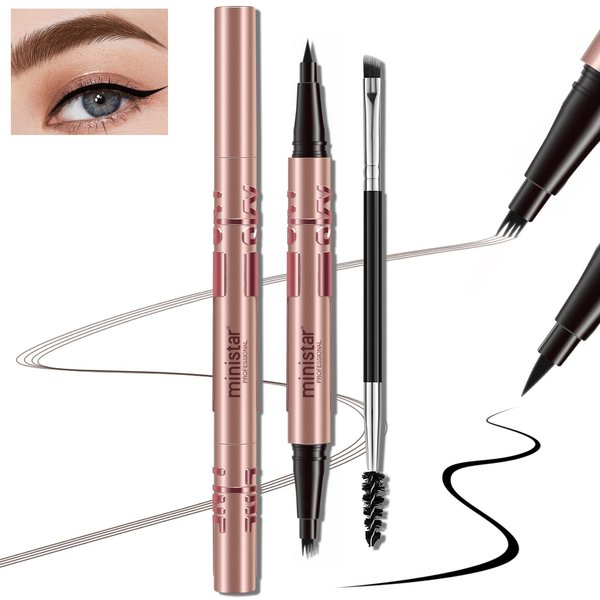 HOSAILY 2 in 1 Magic Eyebrow Pen with Liquid Eyeliner Pencil, Microblading 3D Eyebrow Pencil with 4 Fork Tip & Dual-ended Eyebrow Brush, Long Lasting Waterproof Natural Eye Makeup-Light Brown