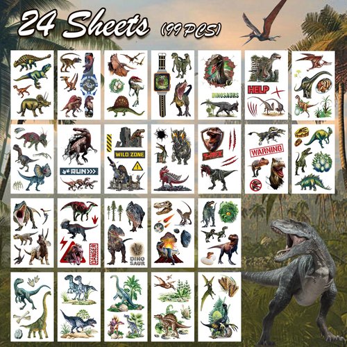 Konsait 24 Sheets Dinosaur Temporary Tattoos, Realistic Dinosaur Tattoos Long Lasting Dino Tattoos Fake Tattoos Boys Tattoos Dinosaur Party Favors Birthday Party Supplies For Boys And Girls 99 Pcs