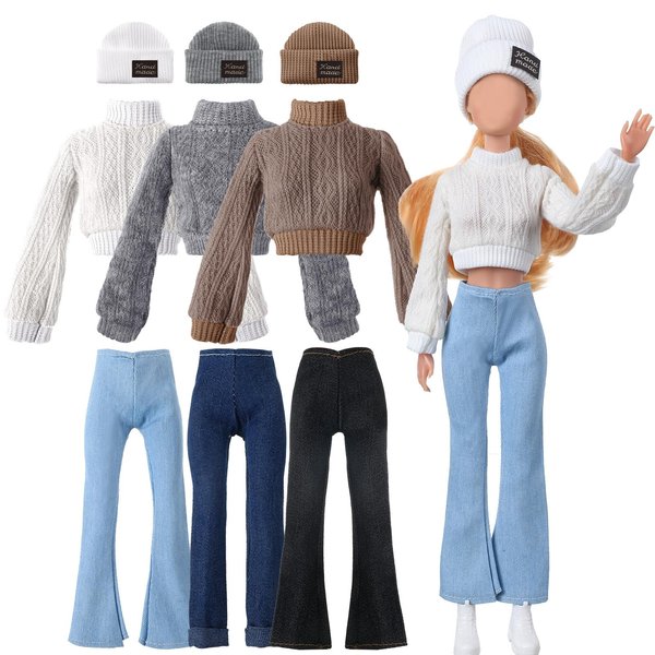 Fourluoo 6 Pcs Christmas Doll Clothes 11.8 Inch Doll Accessories Set Sweaters Denim Pant Outfit Doll Clothing Sweet Doll Outfits for Christmas Birthday Gift