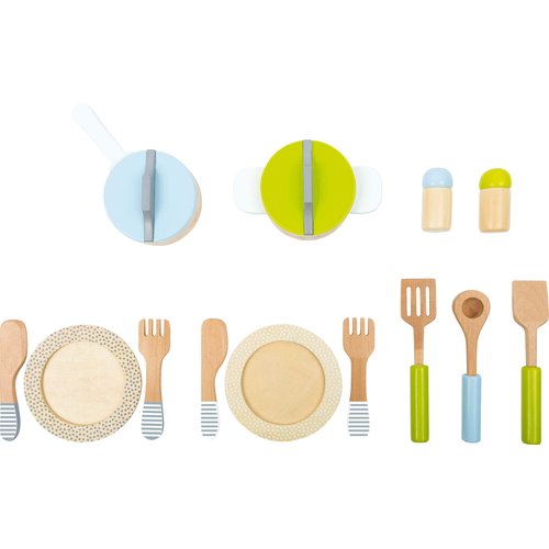 small foot wooden toys- Premium 15 Piece Kitchen Playset- Cooking and Dining Set Includes Pots, Plates and Utensils- Ideal for Toddlers 2+, Multi, (11098)