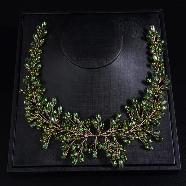 JWICOS Crystal Bridal Headpiece Wedding Headband for Brides Pearl Hair Vine Rhinestone Hair Accessories for Women (Green)