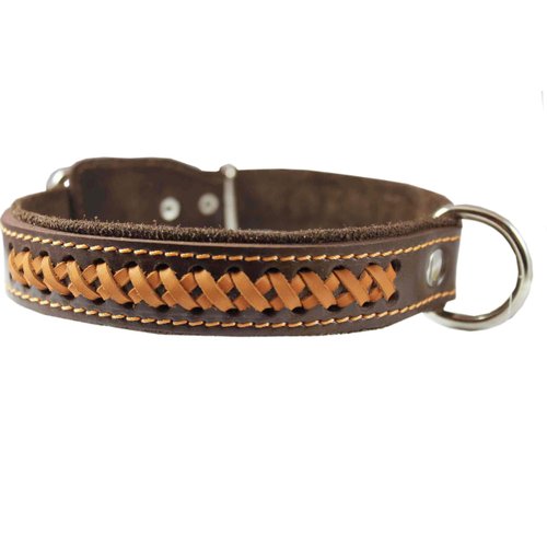 Genuine Leather Braided Dog Collar, Brown 1.25" Wide. Fits 16"-20.5" Neck.