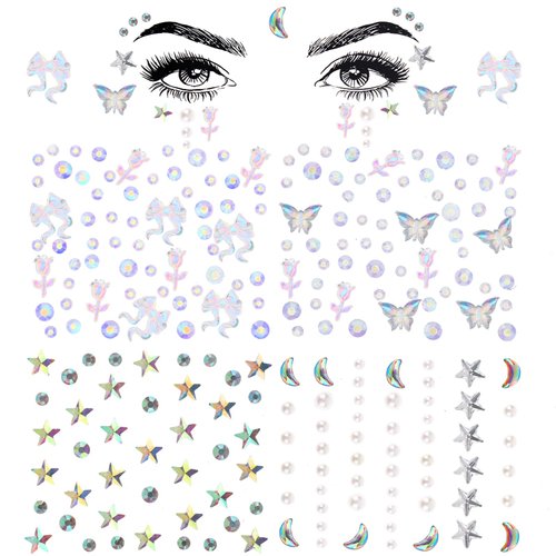 COMNICO Star Face Gems Stickers, 4 Pcs Self Adhesive Face Eye Jewelry Stickers Star Moon Butterfly Pearl Makeup Temporary Tattoo Stickers Acrylic Rhinestones for Carnival Christmas Parties Festivals