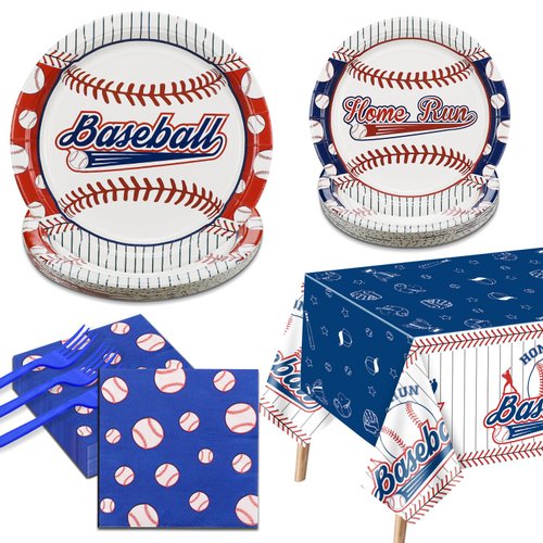 Baseball Party Decorations - 81Pcs Baseball Plates and Napkins Sets, Baseball Tablecloth, Blue Forks for Sports Fans Kid Adult Baseball Birthday Party Supplies, Serve 20