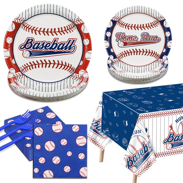 Baseball Party Decorations - 81Pcs Baseball Plates and Napkins Sets, Baseball Tablecloth, Blue Forks for Sports Fans Kid Adult Baseball Birthday Party Supplies, Serve 20