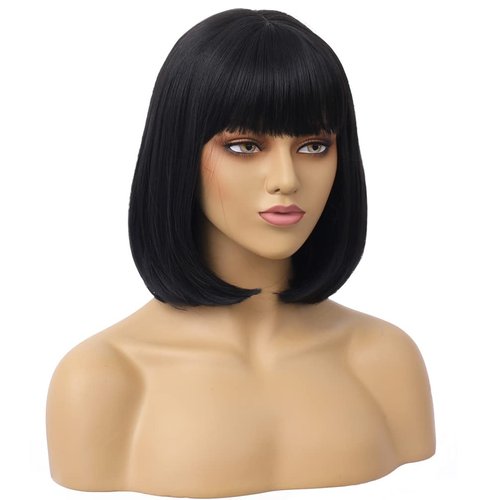 RightOn 12 Inches Black Wig Short Bob Wig Black Short Straight Wig Bob Wig with Bangs Synthetic Bob Wigs for Daily or Party Wig Cap Include