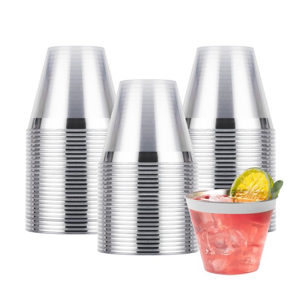 Goodluck 50PCS 9oz Plastic Cups for Party, Disposable Silver Plastic Cups, Plastic Cocktail Glasses for Wedding Thanksgiving, Christmas, and Parties