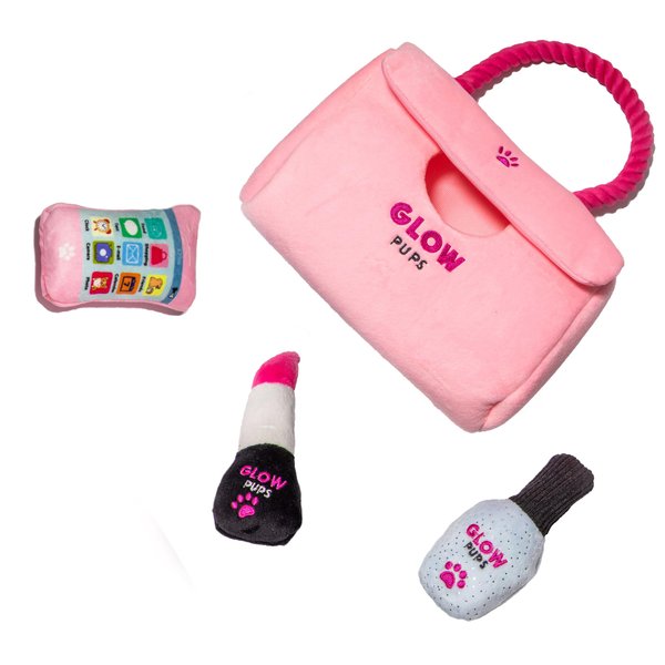 Glow Pups Hide and Seek Dog Toy Set, Pink Purse with Plush Toys, Squeakers, Crinkle Material, Rope Handle, for Small Dogs (Pink Purse Dog Toy with Lipstick, Cell Phone and Nail Polish Toys)