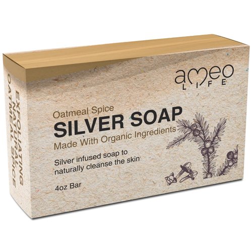 Ameo Life Oatmeal Spice Silver Soap with 30ppm Silver - Naturally Cleanses the Skin, 4 oz Colloidal Silver Soap Bar for Women and Men