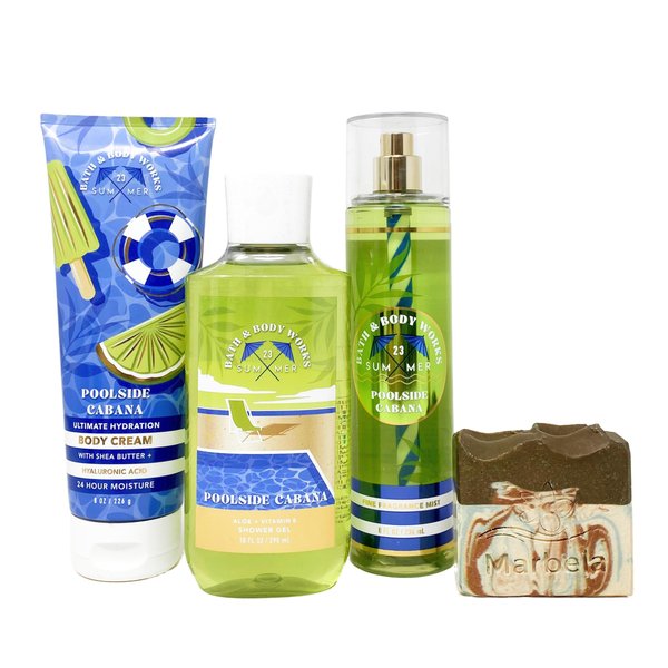 Bath & Body Works Poolside Cabana - Trio Gift Set - Fine Fragrance Mist, Body Cream and Shower Gel With a Cabin Spice Soap.