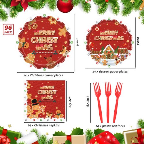 96 Pcs Christmas Gingerbread Man Party Plates Disposable Dinner Paper Plates and Napkins Party Supplies with Forks, Merry Christmas Party Gingerbread Theme Decorations for Xmas Celebration, Serve 24