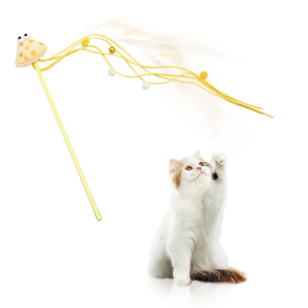 WishLotus Cat Interactive Toy, Cute Cartoon Shaped Plush Cat Toy, Cat Wand Toy with Bell and Colorful Plush Ball, Cat Stick Toy for Kittte Cat Relieve Boredom Increase Interactivity (Yellow)