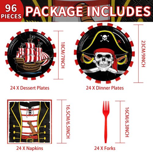 96Pcs Pirate Party Supplies 350 GSM Pirate Party Plates and Napkins Tableware Sets Pirate Treasure Party Decorations for Adult Teens Kids Children Birthday Pirate Halloween Party Favors,Severs 24 ﻿