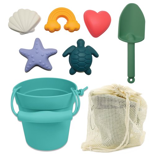 LITTLE RAWR 8Pcs Silicone Beach Toys | Baby Beach Toys Including Bucket, Shovel, 5 Sand Molds, Beach Bag |Eco Friendly Toy | Travel Friendly Beach Set | Sandbox Toys for Toddlers (Green)