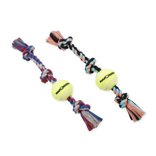Mammoth Flossy Chews Color 3 Knot Tug w/Mini Tennis Ball – Premium Cotton-Poly Tug Toy for Dogs – Interactive Rope Dog Toy 11” - 2 Pack Assorted Colors